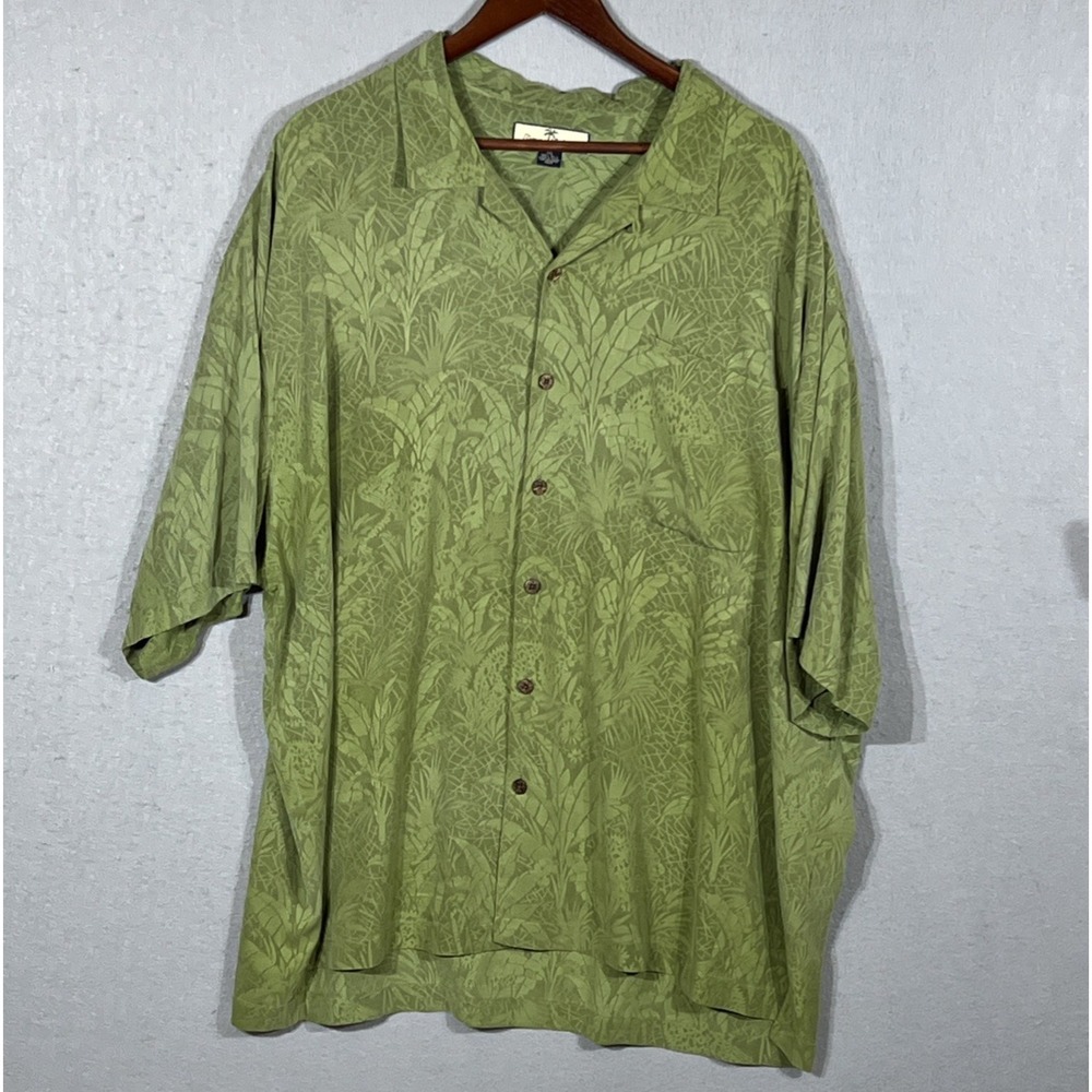 Tommy Bahama Silk Camp Shirt Mens 2XL Green Palm Tree Floral Jacquard Casual